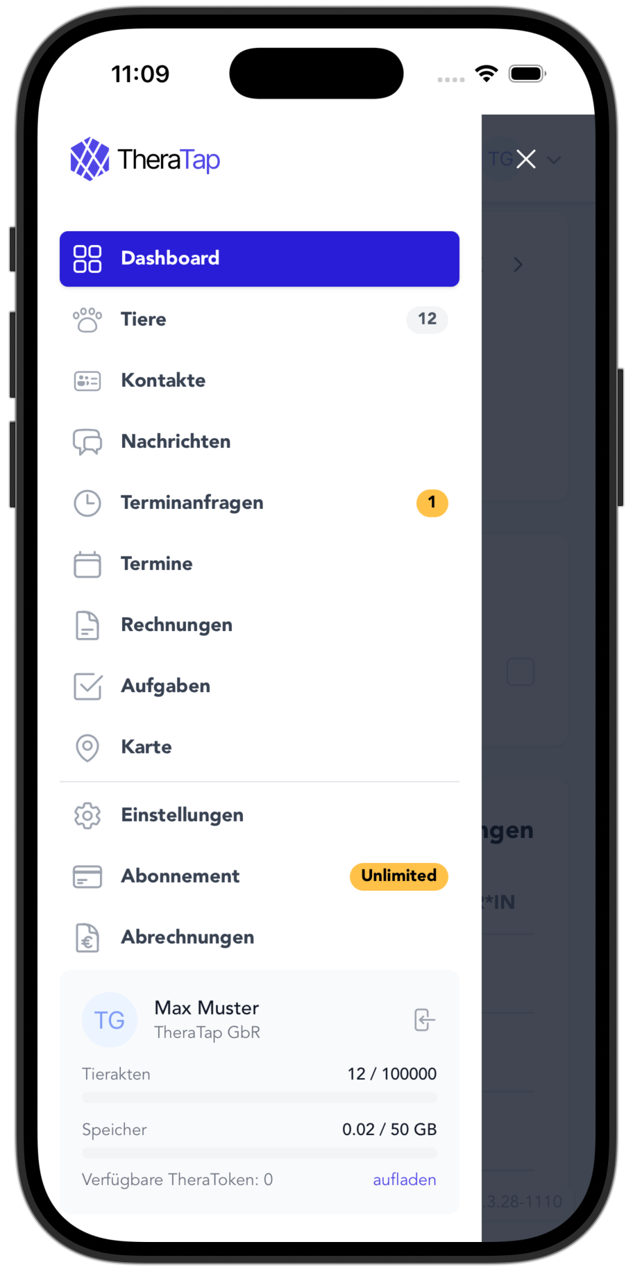 TheraTap-app: zijmenu