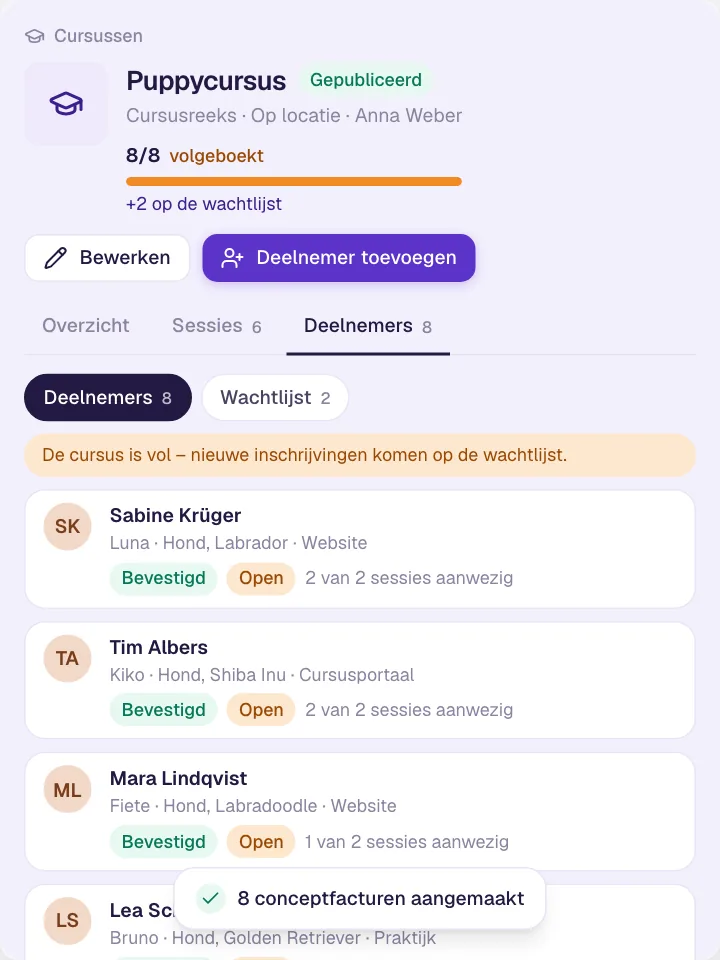 Cursus aanmaken, deelnemers in beeld