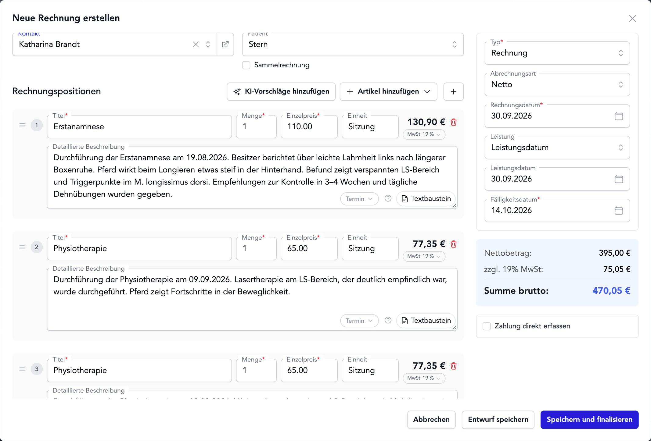 Factuurconcept met AI-suggesties in TheraTap