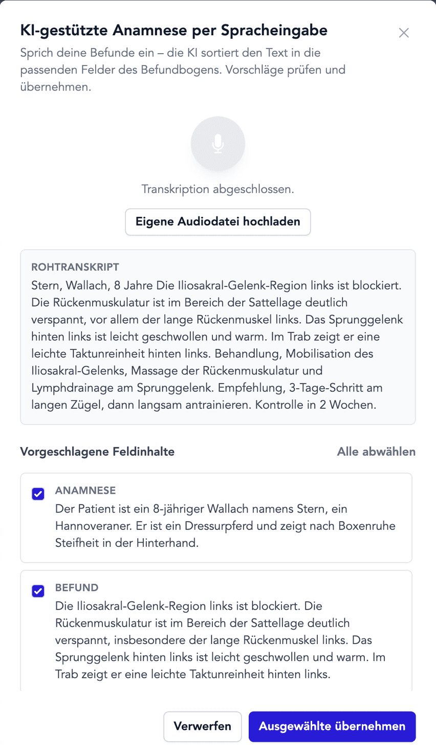 AI-spraakassistent in het bevindingenformulier van TheraTap met suggesties voor de afzonderlijke velden