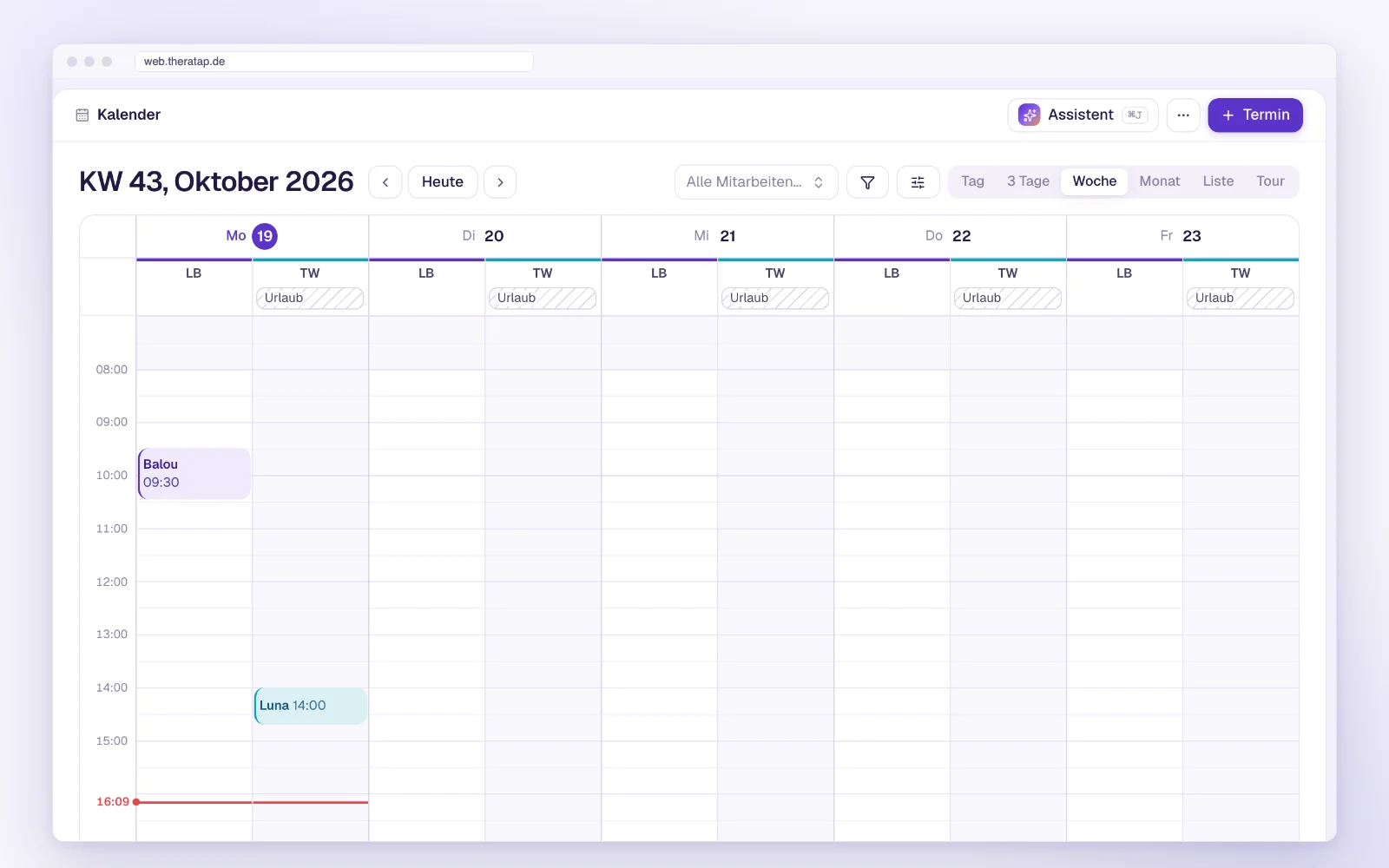 Weekweergave in de agenda met ingevoerde vakantie van een medewerker