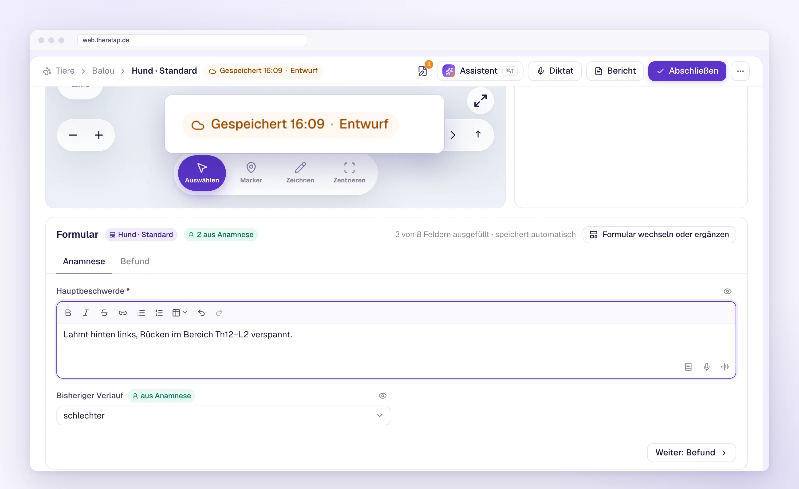 Registratie met opslagstatus „Opgeslagen · Concept” in de nieuwe TheraTap web-app